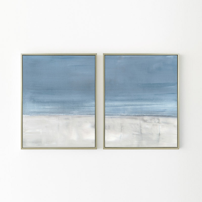Adrift No. 1 by Carol Benson-Cobb, a set of two vertical canvases featuring serene abstract layers in calming blue-gray hues ideal for a tranquil room design.