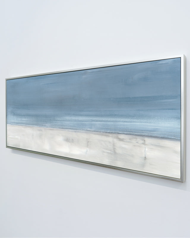 A side view of Adrift No. 1 by Carol Benson-Cobb, a horizontal canvas featuring serene abstract layers in calming blue-gray hues ideal for a tranquil room design.