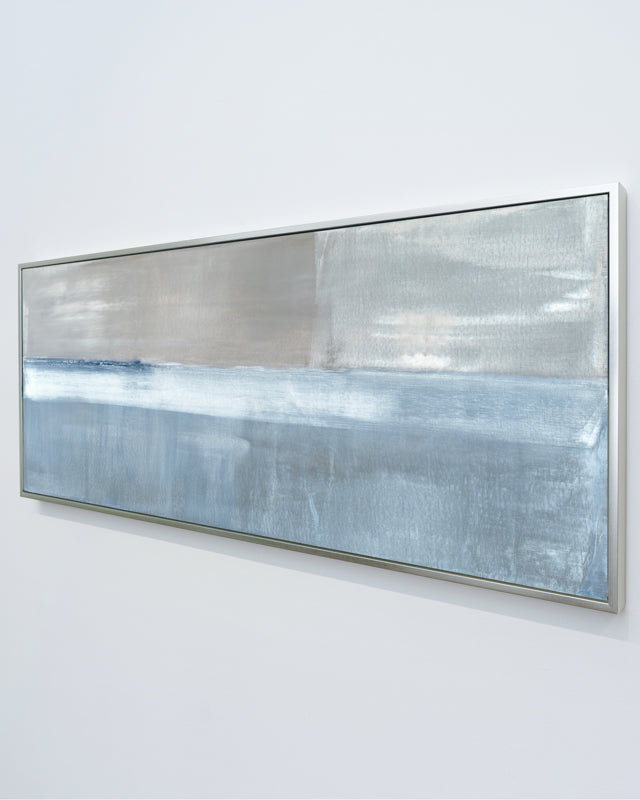 A side view of Adrift No. 2 horizontal canvas by Carol Benson-Cobb, showcasing abstract layers of blue-gray tones for a contemporary and tranquil ambiance.