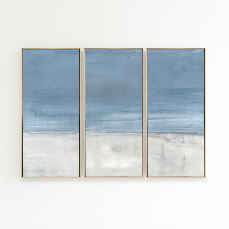 Adrift No. 1 by Carol Benson-Cobb, a set of three vertical canvases featuring serene abstract layers in calming blue-gray hues ideal for a tranquil room design.