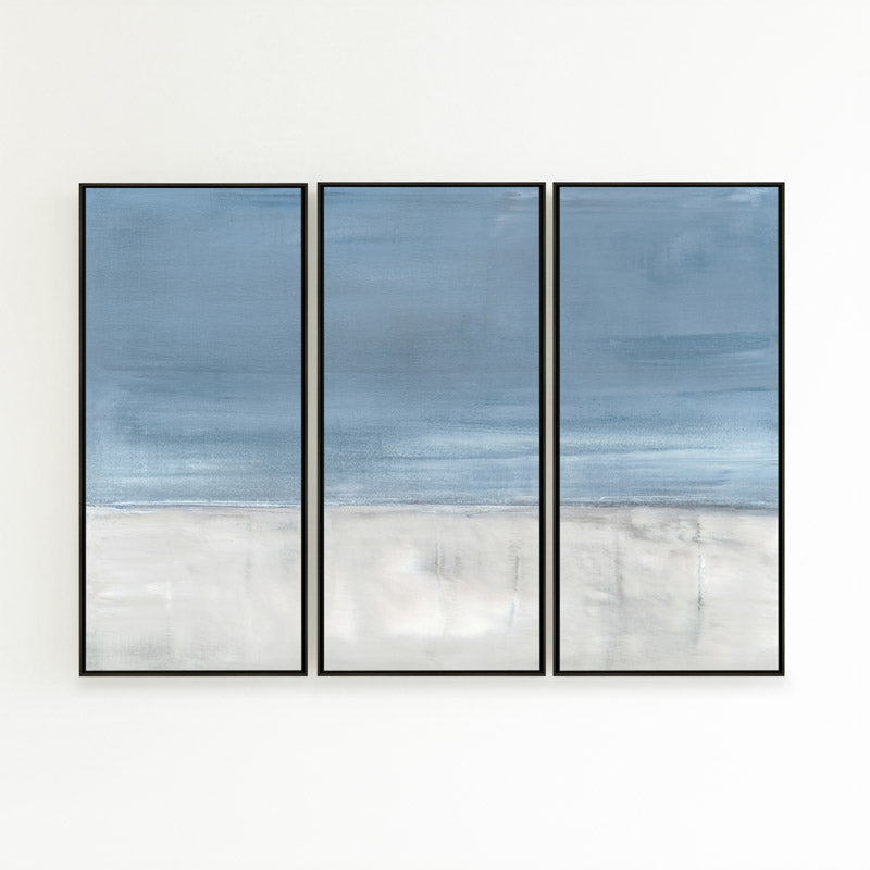 Adrift No. 1 by Carol Benson-Cobb, a set of three vertical canvases featuring serene abstract layers in calming blue-gray hues ideal for a tranquil room design.