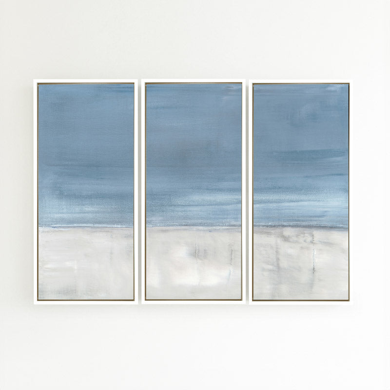 Adrift No. 1 by Carol Benson-Cobb, a set of three vertical canvases featuring serene abstract layers in calming blue-gray hues ideal for a tranquil room design.