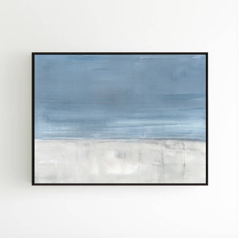 Adrift No. 1 by Carol Benson-Cobb, a horizontal canvas featuring serene abstract layers in calming blue-gray hues ideal for a tranquil room design.