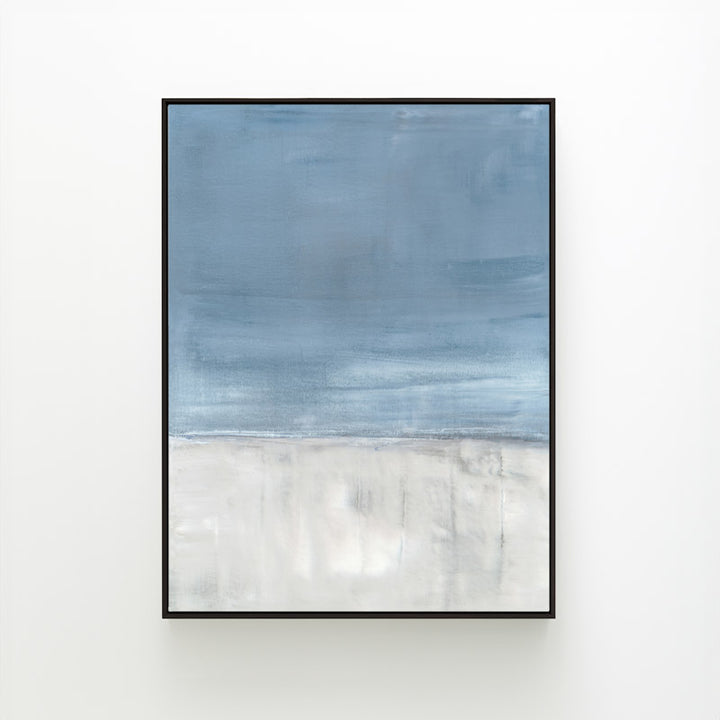 Adrift No. 1 by Carol Benson-Cobb, a vertical canvas featuring serene abstract layers in calming blue-gray hues ideal for a tranquil room design.