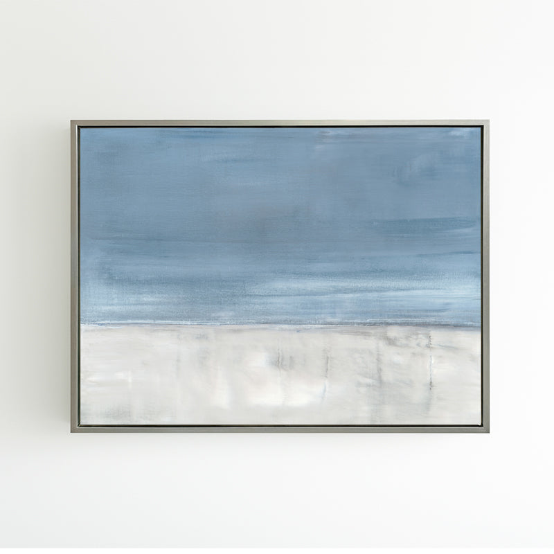 Adrift No. 1 by Carol Benson-Cobb, a horizontal canvas featuring serene abstract layers in calming blue-gray hues ideal for a tranquil room design.