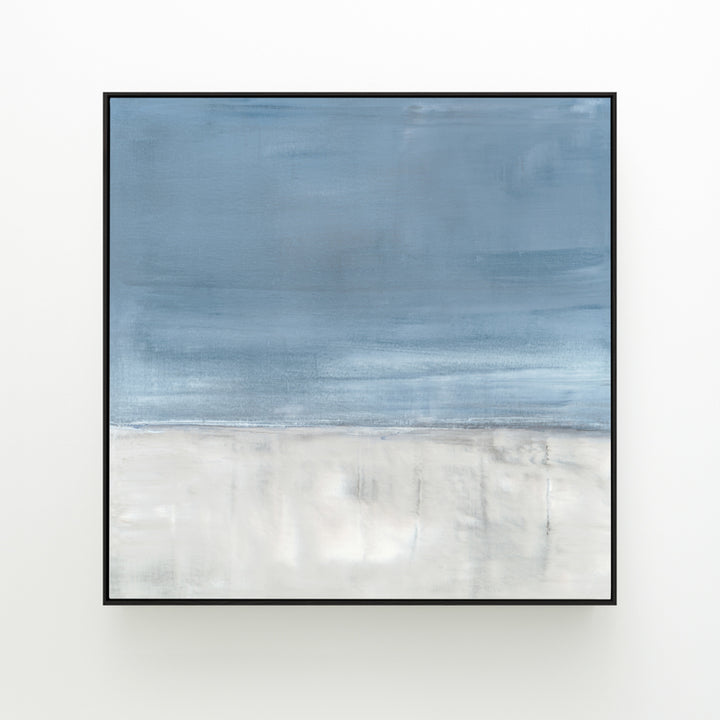 Adrift No. 1 by Carol Benson-Cobb, a square canvas featuring serene abstract layers in calming blue-gray hues ideal for a tranquil room design.