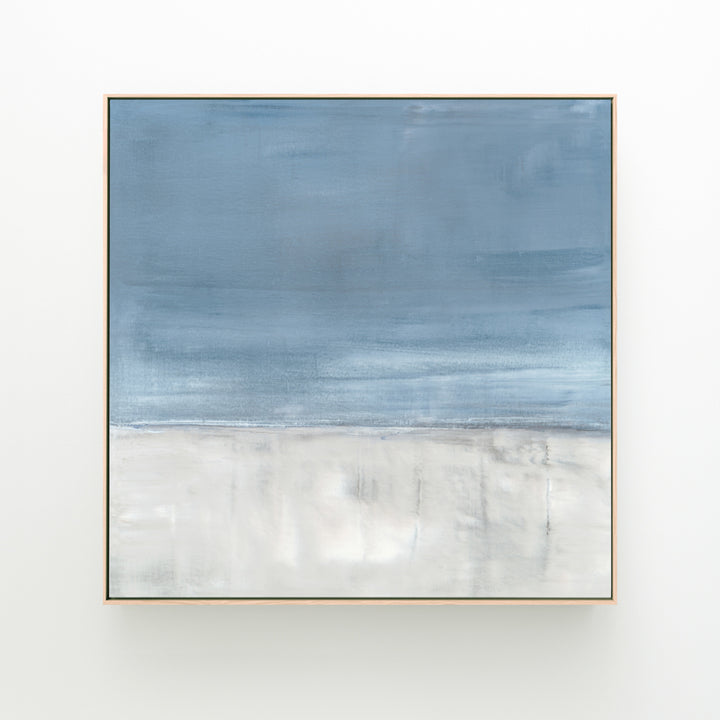 Adrift No. 1 by Carol Benson-Cobb, a square canvas featuring serene abstract layers in calming blue-gray hues ideal for a tranquil room design.