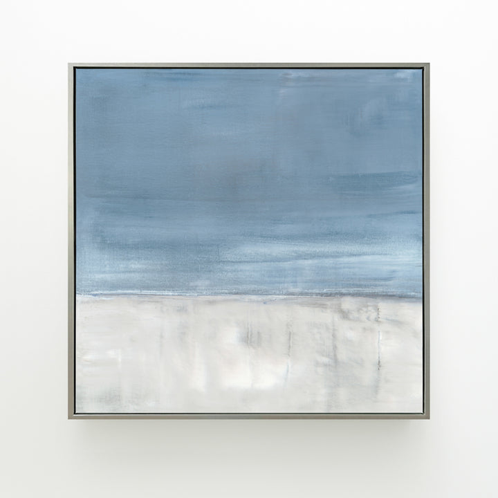 Adrift No. 1 by Carol Benson-Cobb, a square canvas featuring serene abstract layers in calming blue-gray hues ideal for a tranquil room design.