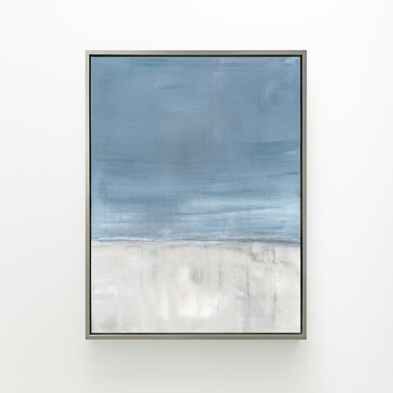 Adrift No. 1 by Carol Benson-Cobb, a vertical canvas featuring serene abstract layers in calming blue-gray hues ideal for a tranquil room design.