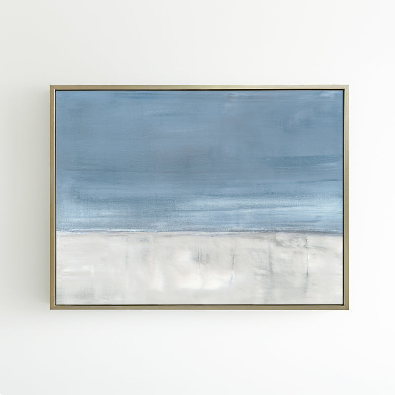 Adrift No. 1 by Carol Benson-Cobb, a horizontal canvas featuring serene abstract layers in calming blue-gray hues ideal for a tranquil room design.