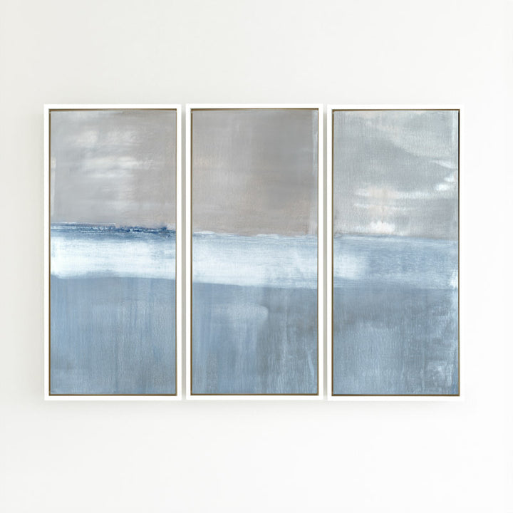 Adrift No. 2 set of three vertical canvases by Carol Benson-Cobb, showcasing abstract layers of blue-gray tones for a contemporary and tranquil ambiance.