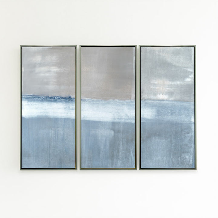 Adrift No. 2 set of three vertical canvases by Carol Benson-Cobb, showcasing abstract layers of blue-gray tones for a contemporary and tranquil ambiance.