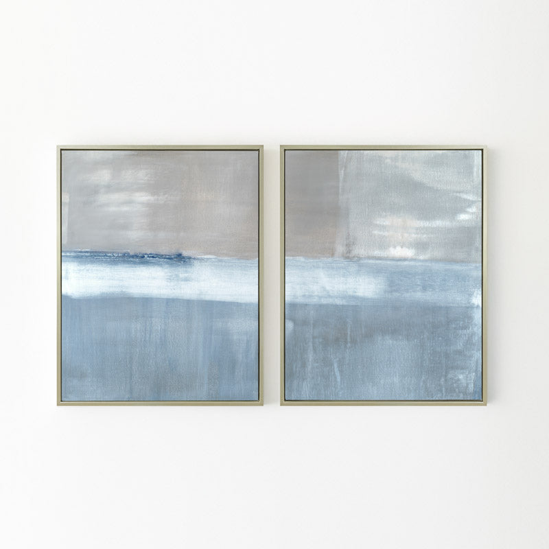 Adrift No. 2 set of two vertical canvases by Carol Benson-Cobb, showcasing abstract layers of blue-gray tones for a contemporary and tranquil ambiance.