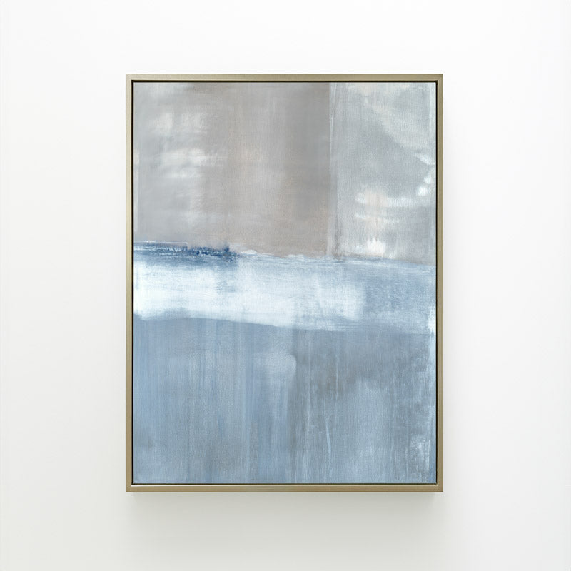 Adrift No. 2 vertical canvas by Carol Benson-Cobb, showcasing abstract layers of blue-gray tones for a contemporary and tranquil ambiance.