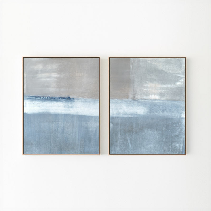 Adrift No. 2 set of two vertical canvases by Carol Benson-Cobb, showcasing abstract layers of blue-gray tones for a contemporary and tranquil ambiance.