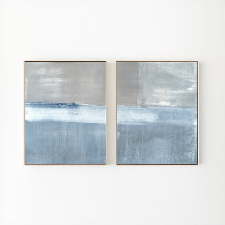 Adrift No. 2 set of two vertical canvases by Carol Benson-Cobb, showcasing abstract layers of blue-gray tones for a contemporary and tranquil ambiance.