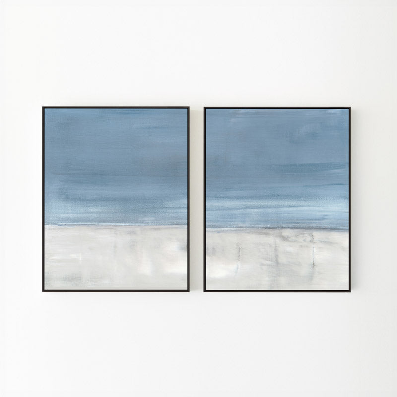 Adrift No. 1 by Carol Benson-Cobb, a set of two vertical canvases featuring serene abstract layers in calming blue-gray hues ideal for a tranquil room design.