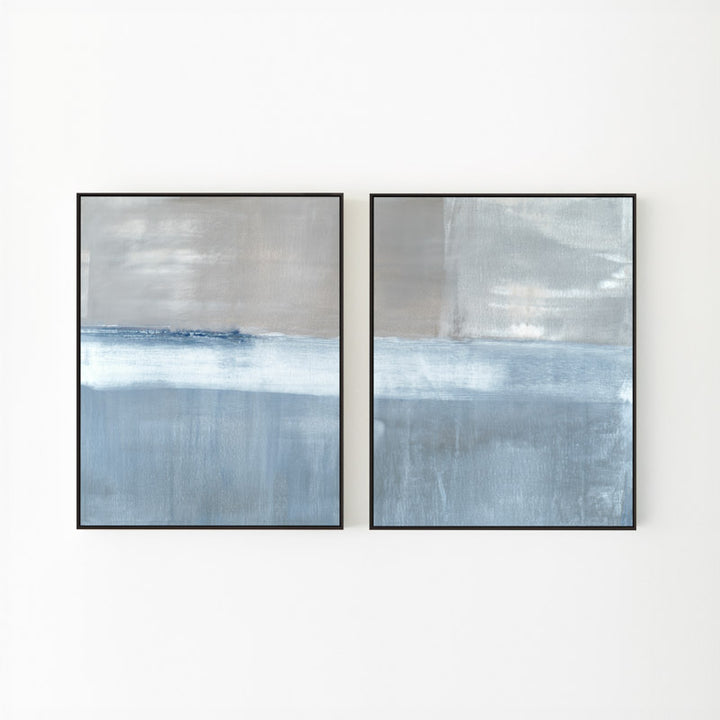 Adrift No. 2 set of two vertical canvases by Carol Benson-Cobb, showcasing abstract layers of blue-gray tones for a contemporary and tranquil ambiance.