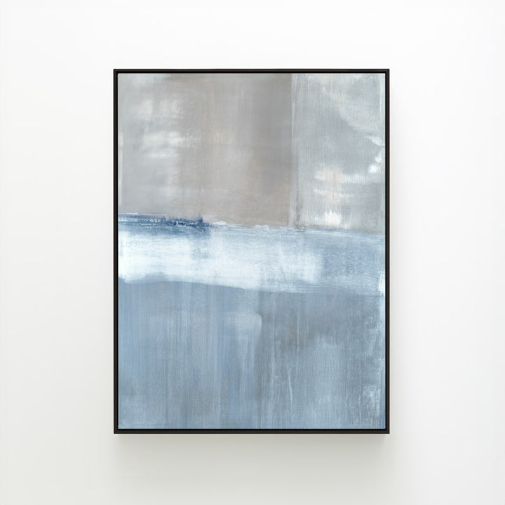 Adrift No. 2 vertical canvas by Carol Benson-Cobb, showcasing abstract layers of blue-gray tones for a contemporary and tranquil ambiance.