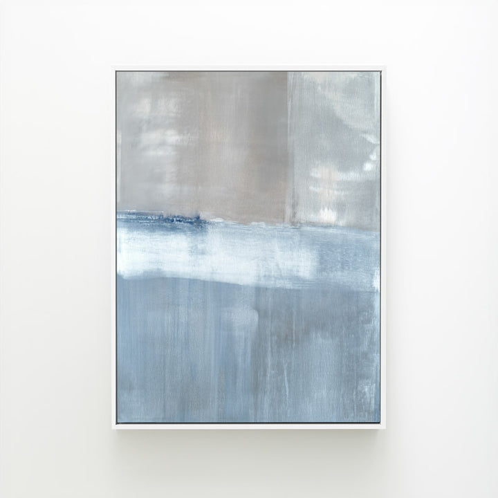 Adrift No. 2 vertical canvas by Carol Benson-Cobb, showcasing abstract layers of blue-gray tones for a contemporary and tranquil ambiance.