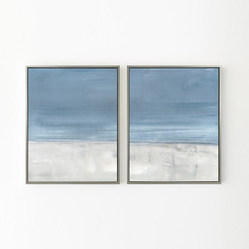 Adrift No. 1 by Carol Benson-Cobb, a set of two vertical canvases featuring serene abstract layers in calming blue-gray hues ideal for a tranquil room design.