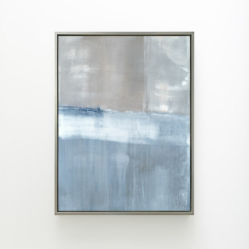 Adrift No. 2 vertical canvas by Carol Benson-Cobb, showcasing abstract layers of blue-gray tones for a contemporary and tranquil ambiance.