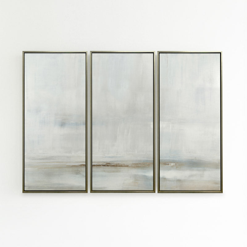 After the Storm by Carol Benson-Cobb, a set of three vertical framed canvases with layered blue and gray tones, perfect for contemporary interior design.