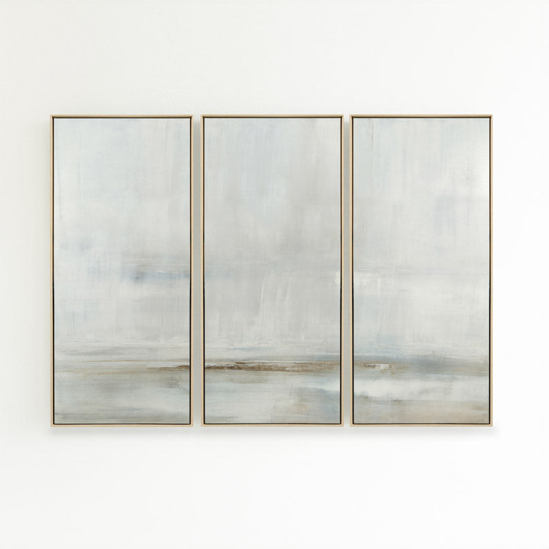 After the Storm by Carol Benson-Cobb, a set of three vertical framed canvases with layered blue and gray tones, perfect for contemporary interior design.