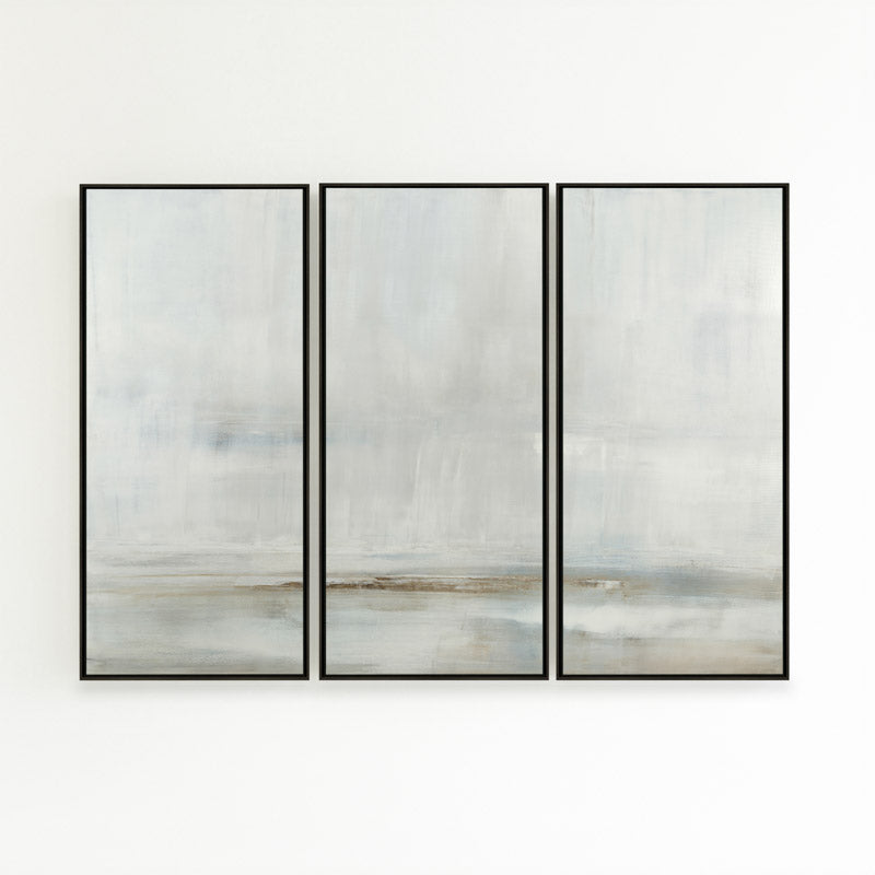 After the Storm by Carol Benson-Cobb, a set of three vertical framed canvases with layered blue and gray tones, perfect for contemporary interior design.