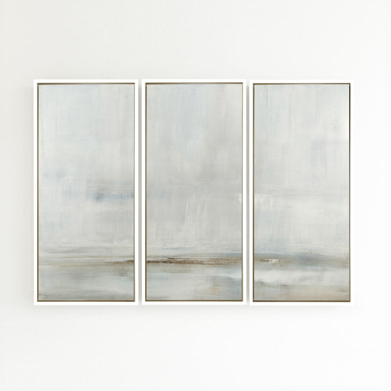 After the Storm by Carol Benson-Cobb, a set of three vertical framed canvases with layered blue and gray tones, perfect for contemporary interior design.