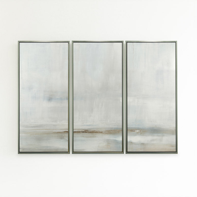 After the Storm by Carol Benson-Cobb, a set of three vertical framed canvases with layered blue and gray tones, perfect for contemporary interior design.