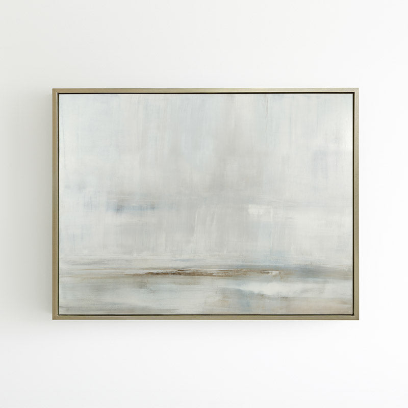 After the Storm by Carol Benson-Cobb, a horizontal framed canvas with layered blue and gray tones, perfect for contemporary interior design.