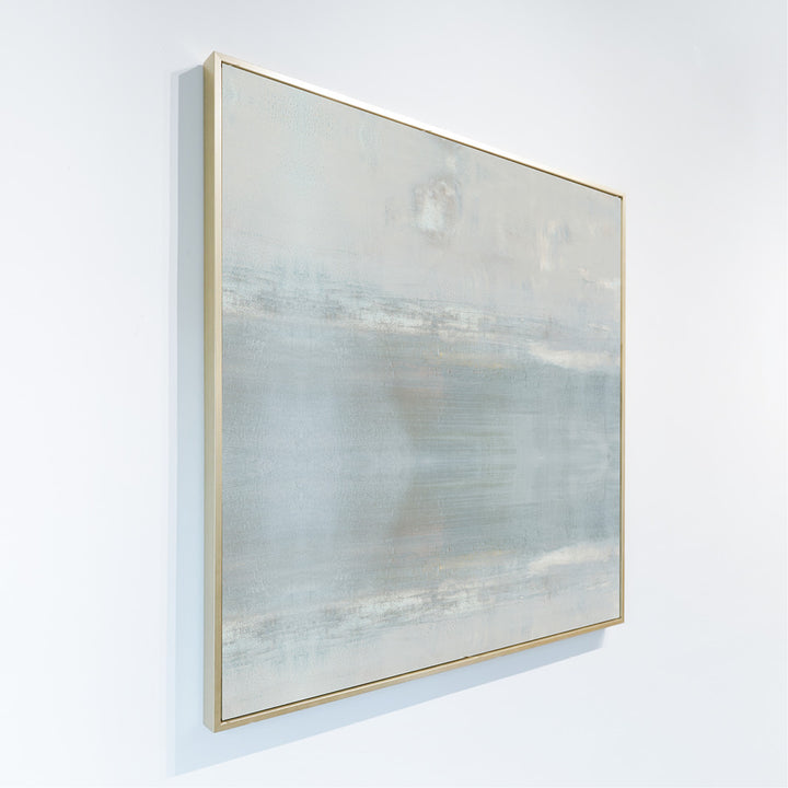 A side view of Anonymity by Carol Benson-Cobb, a horizontal framed canvas showcasing abstract layers of soft neutral tones for a modern, serene living space.