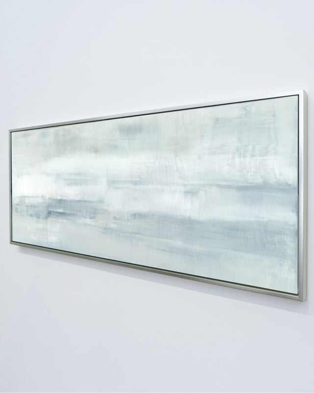 Side view of Ascension horizontal canvas by Carol Benson-Cobb, featuring soothing gradients of blue, gray, and white ideal modern, minimalist interiors.