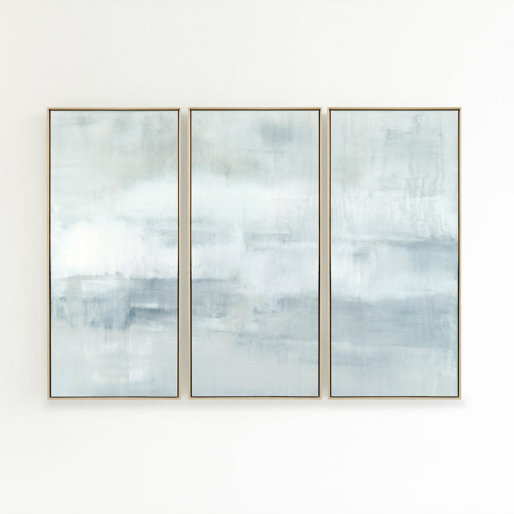 Ascension set of three vertical canvases by Carol Benson-Cobb, featuring soothing gradients of blue, gray, and white ideal modern, minimalist interiors.