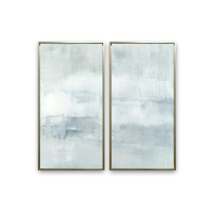 Ascension set of two vertical canvases by Carol Benson-Cobb, featuring soothing gradients of blue, gray, and white ideal modern, minimalist interiors.