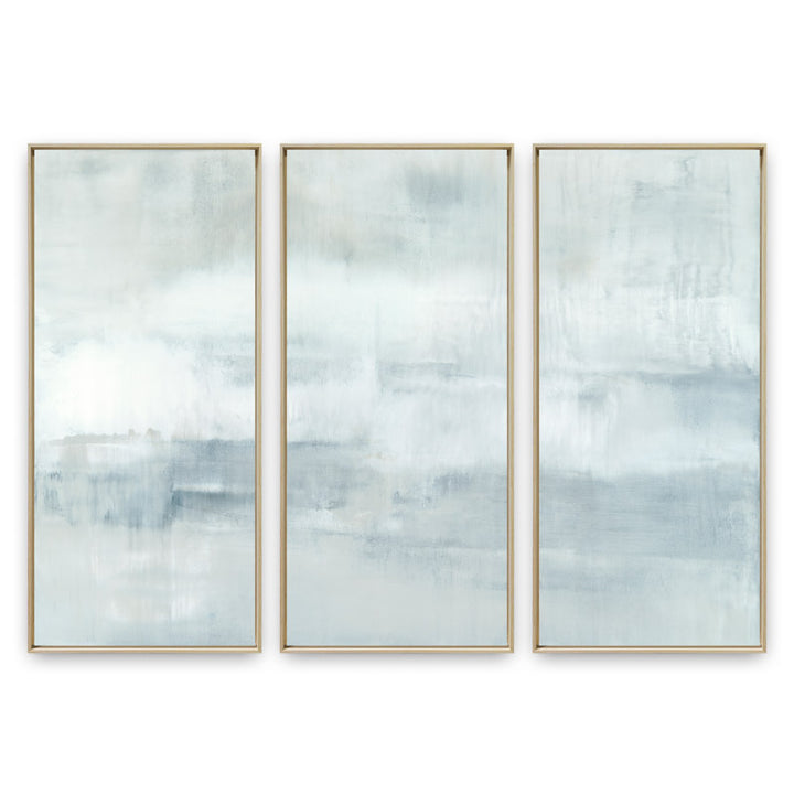 Ascension set of three vertical canvases by Carol Benson-Cobb, featuring soothing gradients of blue, gray, and white ideal modern, minimalist interiors.