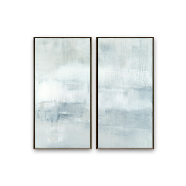 Ascension set of two vertical canvases by Carol Benson-Cobb, featuring soothing gradients of blue, gray, and white ideal modern, minimalist interiors.