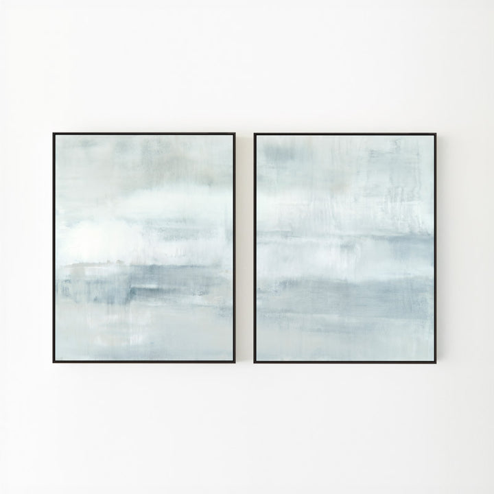 Ascension set of two vertical canvases by Carol Benson-Cobb, featuring soothing gradients of blue, gray, and white ideal modern, minimalist interiors.