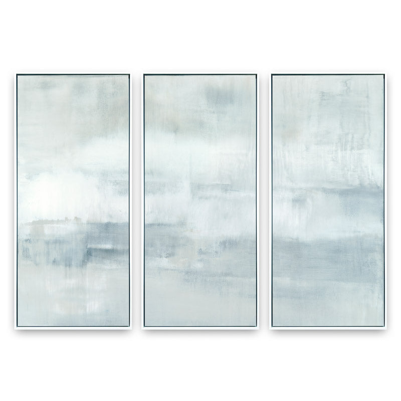 Ascension set of three vertical canvases by Carol Benson-Cobb, featuring soothing gradients of blue, gray, and white ideal modern, minimalist interiors.