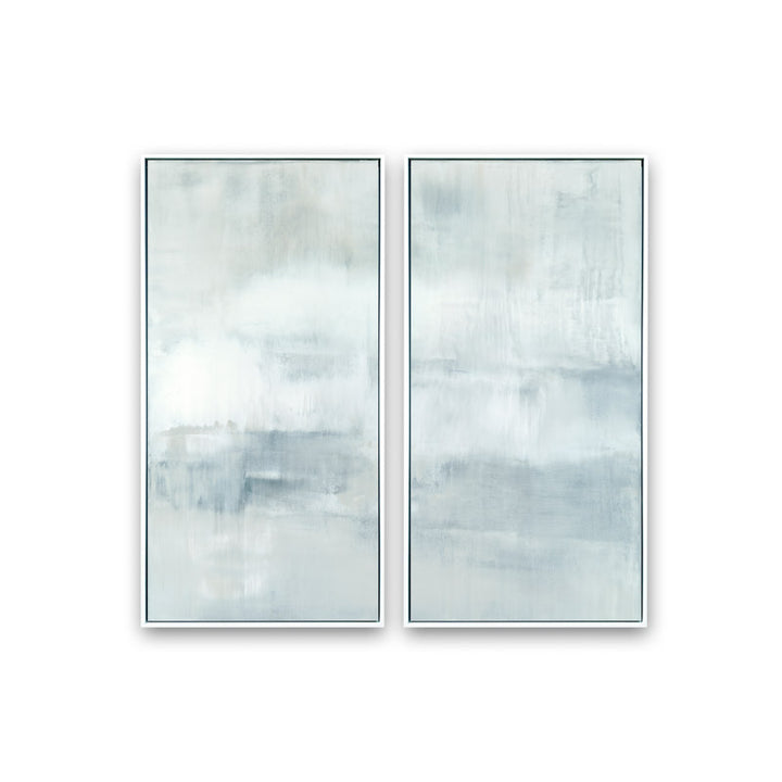 Ascension set of two vertical canvases by Carol Benson-Cobb, featuring soothing gradients of blue, gray, and white ideal modern, minimalist interiors.