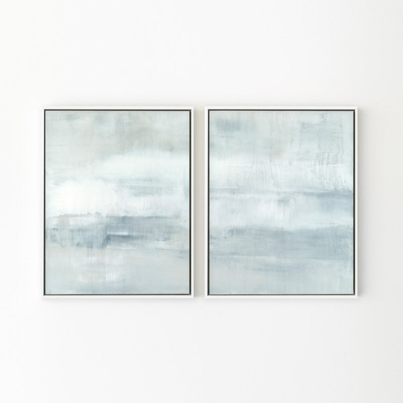 Ascension set of two vertical canvases by Carol Benson-Cobb, featuring soothing gradients of blue, gray, and white ideal modern, minimalist interiors.