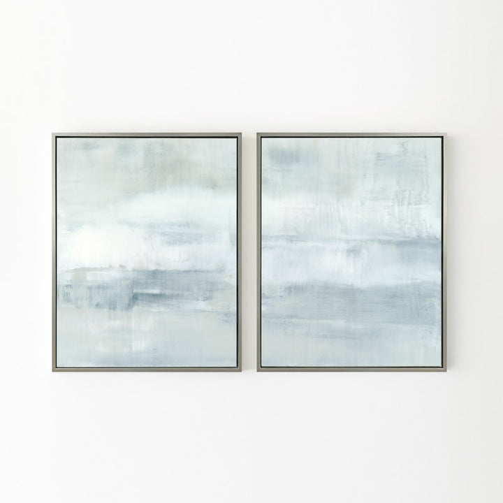 Ascension set of two vertical canvases by Carol Benson-Cobb, featuring soothing gradients of blue, gray, and white ideal modern, minimalist interiors.