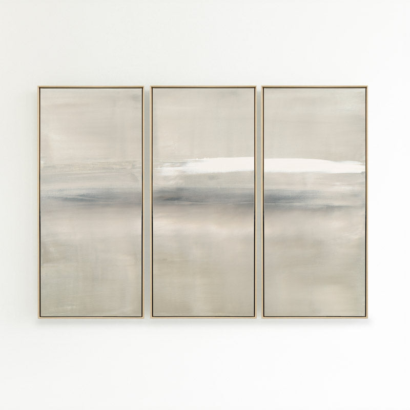 At Dusk by Carol Benson-Cobb, a framed set of three vertical canvases with layered blue, gray, and cream tones, ideal for modern and sophisticated decor