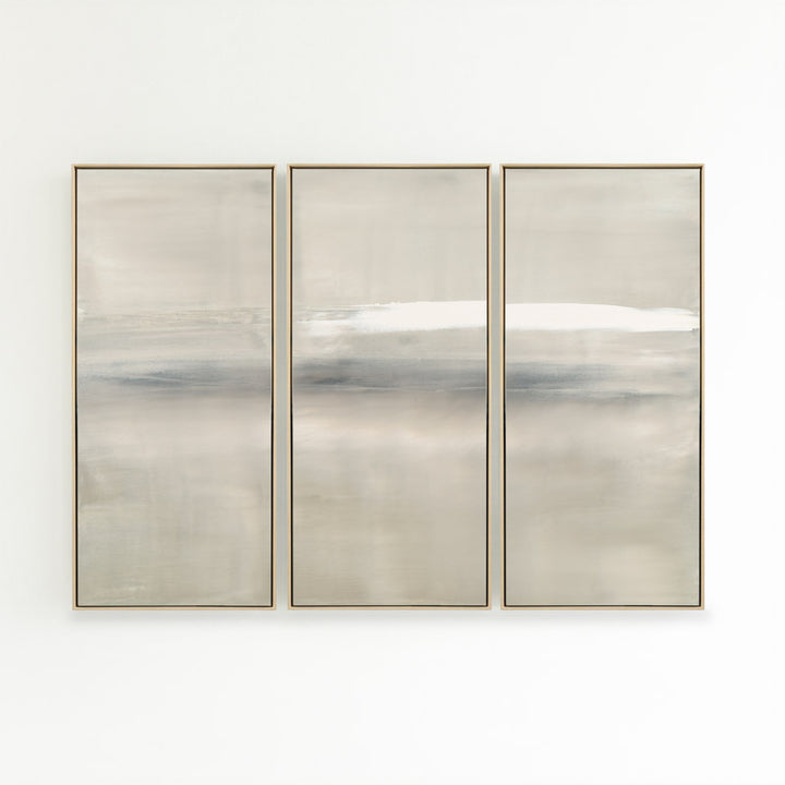 At Dusk by Carol Benson-Cobb, a framed set of three vertical canvases with layered blue, gray, and cream tones, ideal for modern and sophisticated decor