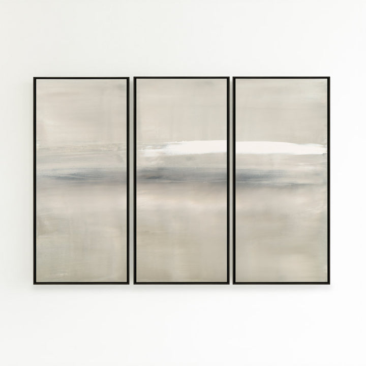 At Dusk by Carol Benson-Cobb, a framed set of three vertical canvases with layered blue, gray, and cream tones, ideal for modern and sophisticated decor