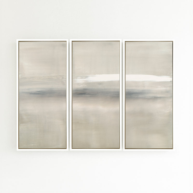 At Dusk by Carol Benson-Cobb, a framed set of three vertical canvases with layered blue, gray, and cream tones, ideal for modern and sophisticated decor