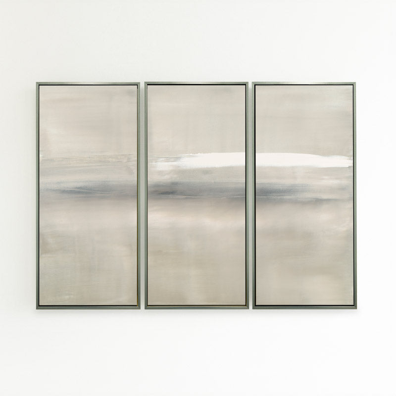 At Dusk by Carol Benson-Cobb, a framed set of three vertical canvases with layered blue, gray, and cream tones, ideal for modern and sophisticated decor