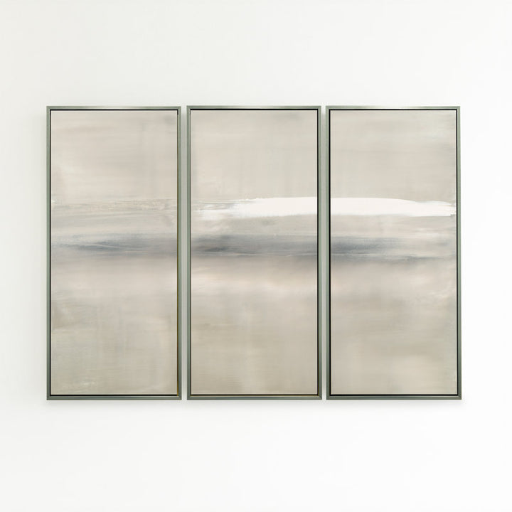 At Dusk by Carol Benson-Cobb, a framed set of three vertical canvases with layered blue, gray, and cream tones, ideal for modern and sophisticated decor