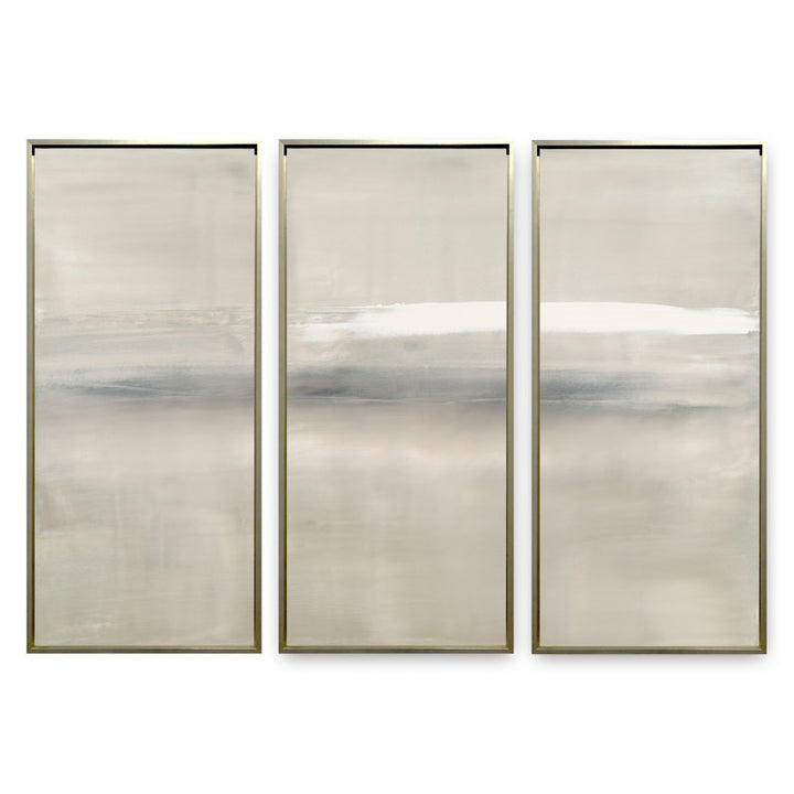 At Dusk by Carol Benson-Cobb, a framed set of three vertical canvases with layered blue, gray, and cream tones, ideal for modern and sophisticated decor